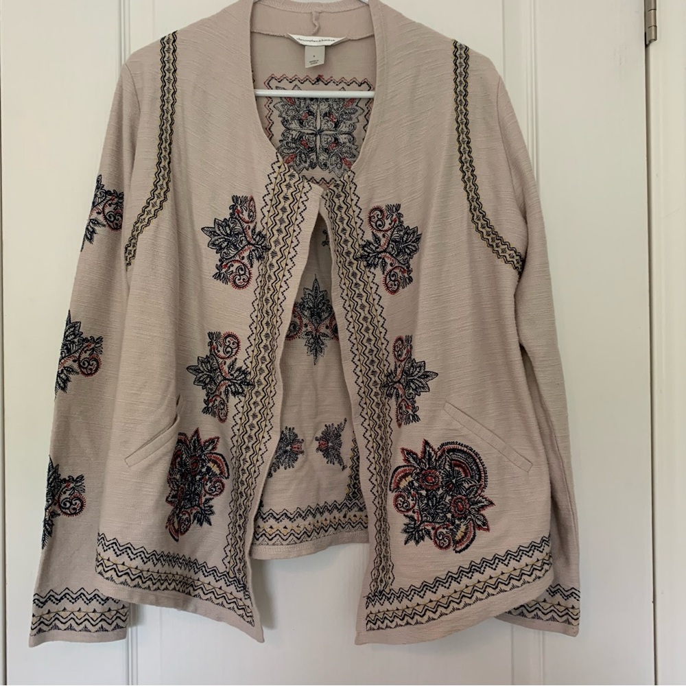 Boho Embroidered Cardigan Beige Open Front Sweater Cute Fall Size Small Casual